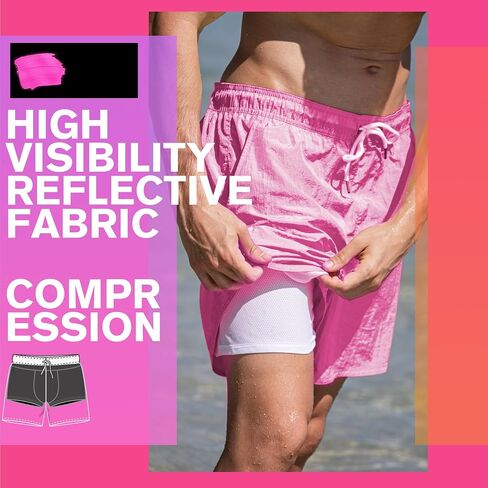 Brisira Mens Swim Trunks Neon 5 "بدلة السباحة ضغط بطانة نايلون سروال شورت شاطئ السباحة ملابس السباحة الجيوب الجافة السريعة in Kuwait