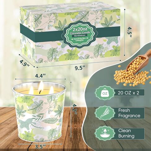 شمعة Warmembrace Citronella في الهواء الطلق والداخلية ، 40 أوقية شمعة السترونيلا كبيرة 200H حرق طويل الأمد ، شمع فول الصويا الطبيعية الطويلة ، فول الصويا ، 3-wick للفناء ، الحديقة ، الفناء الخلفي ، التخييم ، الطهي in Kuwait
