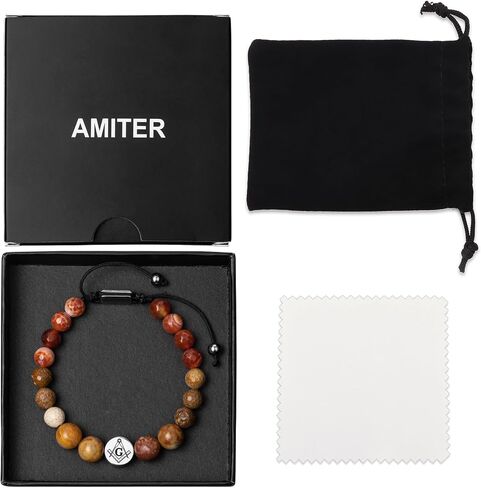 AMITER Masonic Bracelets for Men, Natural Stone Beaded Bracelets Personalized Gift for Freemason in Saudi Arabia