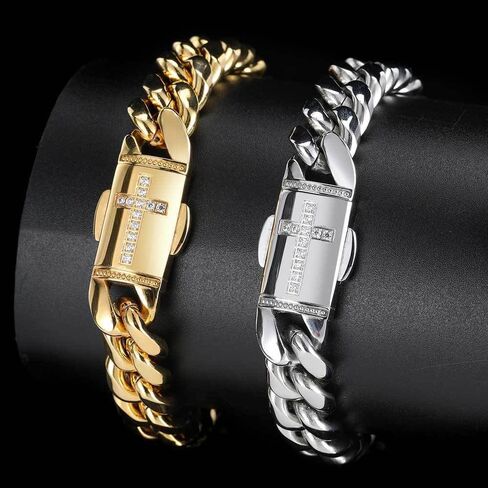 Gold&Shops Moissanite Cross Cuban Bracelet, 18K Yellow Gold, 8.5 inch, Men's in Saudi Arabia