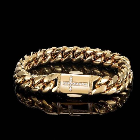 Gold&Shops Moissanite Cross Cuban Bracelet, 18K Yellow Gold, 8.5 inch, Men's in Saudi Arabia