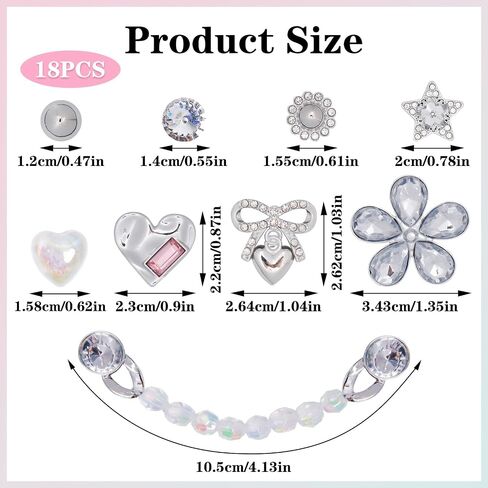 18pcs سحر أحذية بلينغ للنساء ، فضي راينستون زهرة نجم القلب سحر الحذاء مع سلسلة أحذية الراين الملونة المجوهر in Saudi Arabia