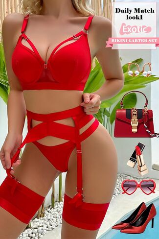 Lingerie for Women Sexy Garter Lingerie Set Underwire Strappy Corset Lingerie Push Up 5 Piece Bra Lingerie Set in Kuwait