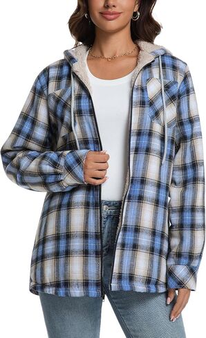 Womens Sherpa Lined Jacket Fleece Zip Up Jacket Flannel Plaid shirt jacket Full Zip Hoodies for Women in Kuwait