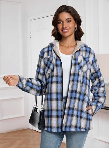 Womens Sherpa Lined Jacket Fleece Zip Up Jacket Flannel Plaid shirt jacket Full Zip Hoodies for Women in Kuwait