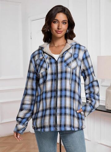 Womens Sherpa Lined Jacket Fleece Zip Up Jacket Flannel Plaid shirt jacket Full Zip Hoodies for Women in Kuwait