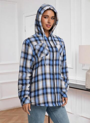 Womens Sherpa Lined Jacket Fleece Zip Up Jacket Flannel Plaid shirt jacket Full Zip Hoodies for Women in Kuwait