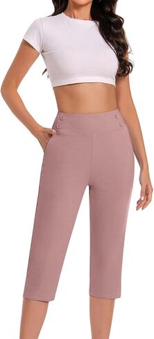 Work Pants for Women Summer High Waisted Stretchy Capris Dressy Casual Golf Capri Pants Pull On Slacks with Pockets in Kuwait