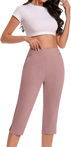 Work Pants for Women Summer High Waisted Stretchy Capris Dressy Casual Golf Capri Pants Pull On Slacks with Pockets in Kuwait