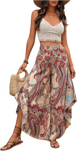 Women's Paisley Print Boho Pants Wide Leg Baggy Pants Elastic High Waisted Summer Lounge Beach Trousers in Saudi Arabia