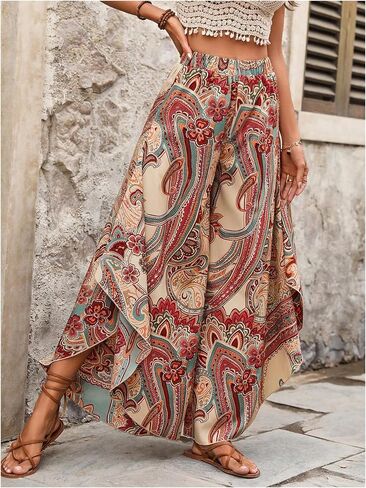 Women's Paisley Print Boho Pants Wide Leg Baggy Pants Elastic High Waisted Summer Lounge Beach Trousers in Saudi Arabia