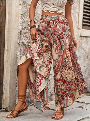 Women's Paisley Print Boho Pants Wide Leg Baggy Pants Elastic High Waisted Summer Lounge Beach Trousers in Saudi Arabia