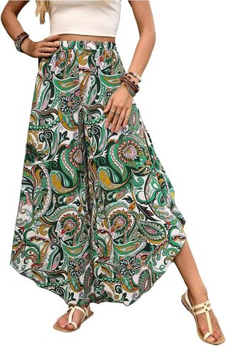 Women's Paisley Print Boho Pants Wide Leg Baggy Pants Elastic High Waisted Summer Lounge Beach Trousers in Saudi Arabia