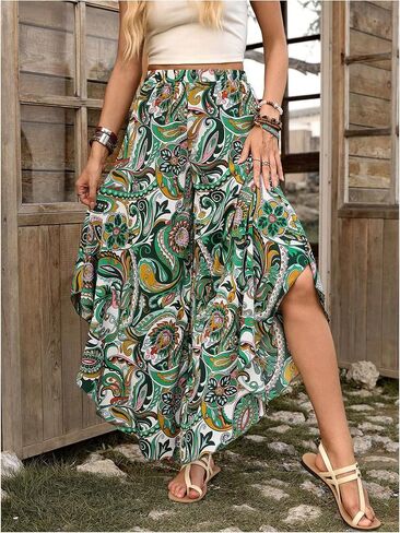 Women's Paisley Print Boho Pants Wide Leg Baggy Pants Elastic High Waisted Summer Lounge Beach Trousers in Saudi Arabia