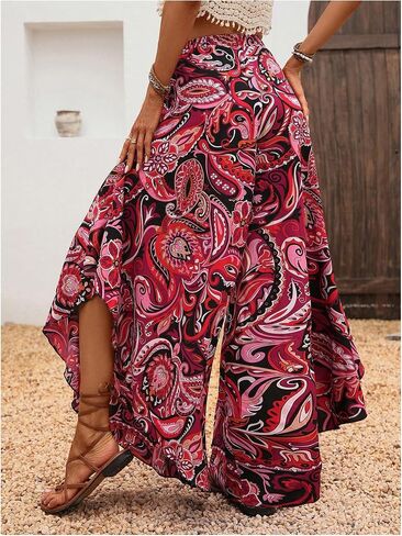 Women's Paisley Print Boho Pants Wide Leg Baggy Pants Elastic High Waisted Summer Lounge Beach Trousers in Saudi Arabia