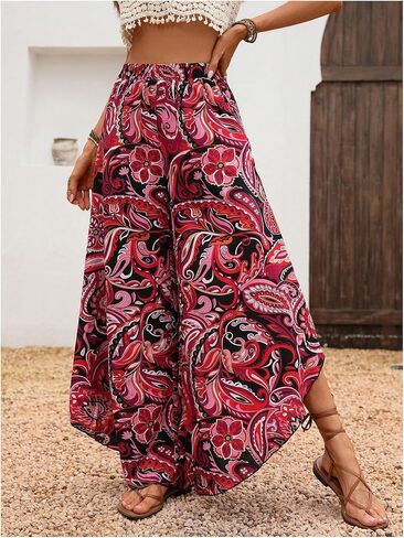 Women's Paisley Print Boho Pants Wide Leg Baggy Pants Elastic High Waisted Summer Lounge Beach Trousers in Saudi Arabia