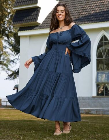 قرمزي الظلام عصر النهضة ملابس النساء قبالة الكتف الطويل جرس الأكمام من العصور الوسطى in Kuwait