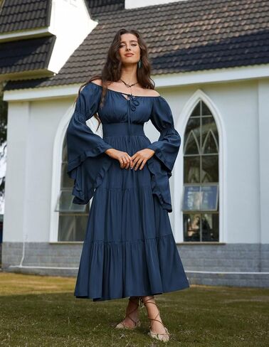 قرمزي الظلام عصر النهضة ملابس النساء قبالة الكتف الطويل جرس الأكمام من العصور الوسطى in Kuwait