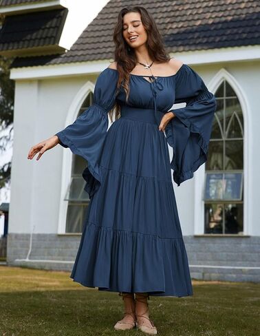 قرمزي الظلام عصر النهضة ملابس النساء قبالة الكتف الطويل جرس الأكمام من العصور الوسطى in Kuwait