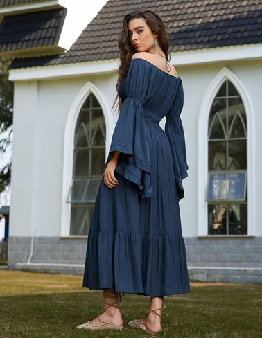 قرمزي الظلام عصر النهضة ملابس النساء قبالة الكتف الطويل جرس الأكمام من العصور الوسطى in Kuwait