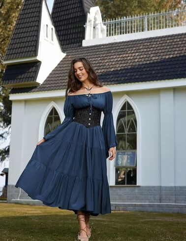 قرمزي الظلام عصر النهضة ملابس النساء قبالة الكتف الطويل جرس الأكمام من العصور الوسطى in Kuwait