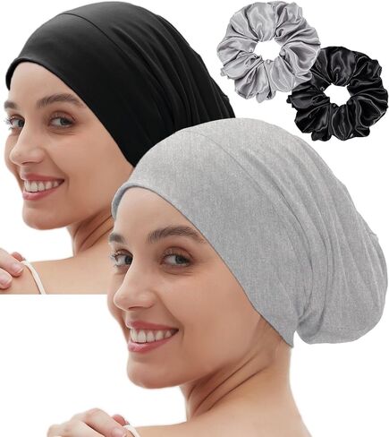 Satin Bonnet for Sleeping Night Cap, Satin Lined Silk Bonnet Large Sleep Cap for Curly Braids Hair Beanie Black Women in Kuwait