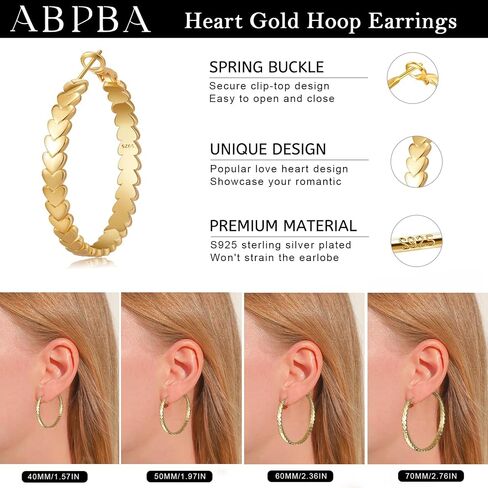 925 Sterling Silver Hoop Earrings for Women Hypoallergenic Heart Large Hoops Earrings Dainty Sterling Silver Heart Earring Hoops for Women 40/50/60/70mm in Saudi Arabia