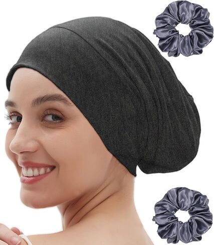 Satin Bonnet for Sleeping Night Cap, Satin Lined Silk Bonnet Large Sleep Cap for Curly Braids Hair Beanie Black Women in Kuwait
