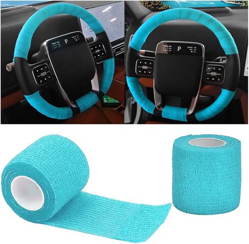 Car Steering Wheel Cover Wrap Tape, 2PCS Non-Slip Sweat-Absorbent Steering Wheel Protective Strap Bandage, Breathable Vehicle Interior Accessories, Universal for SUV RV Truck (Black) in Kuwait
