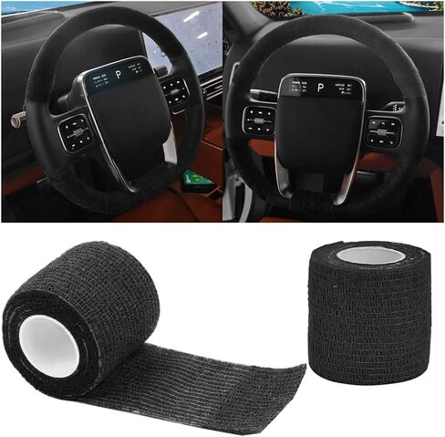 Car Steering Wheel Cover Wrap Tape, 2PCS Non-Slip Sweat-Absorbent Steering Wheel Protective Strap Bandage, Breathable Vehicle Interior Accessories, Universal for SUV RV Truck (Black) in Saudi Arabia