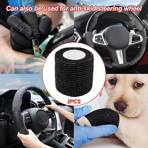 Car Steering Wheel Cover Wrap Tape, 2PCS Non-Slip Sweat-Absorbent Steering Wheel Protective Strap Bandage, Breathable Vehicle Interior Accessories, Universal for SUV RV Truck (Black) in Saudi Arabia