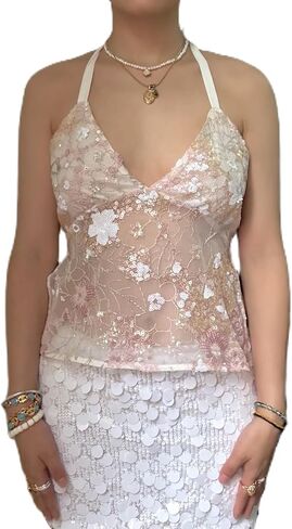 Women Y2k Sequin Halter Tops Sparkly Beaded Club Rave Tank Top in Kuwait