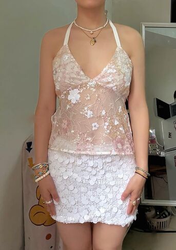 Women Y2k Sequin Halter Tops Sparkly Beaded Club Rave Tank Top in Kuwait