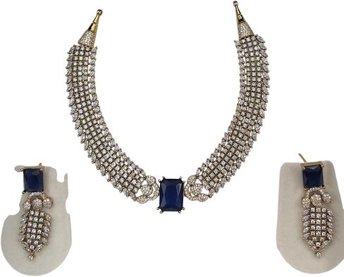 Elegant Original Silver Stone With Cubic Zirconia | Indian Jewelry Mehndi Finish Style Necklace & Earring Set for Women | Wedding,Festival & Party Wear in Saudi Arabia