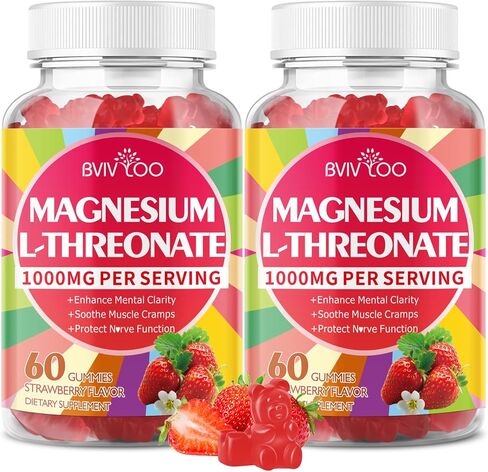 1000mg Magnesium L-Threonate Gummies for Kids & Adults - Muscle & Nervous System Support, Vegan, Sugar-Free Strawberry Flavor, 60 Gummies in Kuwait