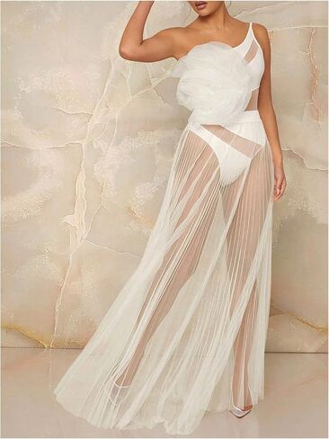 Verdusa Women's Mesh Sheer Lightweight Maxi Skirt A Line High Waist Flare Flowy Skirts in Saudi Arabia