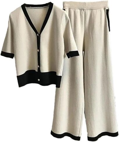 Women Plus Size Two Piece Set Knitting V-Neck Cardigan Half Sleeve Sweater+High Waist Wide Leg Pants Outifits in Kuwait