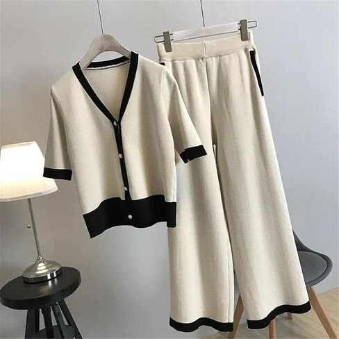 Women Plus Size Two Piece Set Knitting V-Neck Cardigan Half Sleeve Sweater+High Waist Wide Leg Pants Outifits in Kuwait