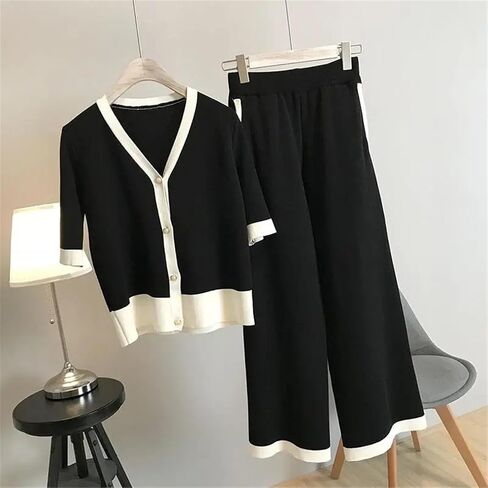 Women Plus Size Two Piece Set Knitting V-Neck Cardigan Half Sleeve Sweater+High Waist Wide Leg Pants Outifits in Kuwait