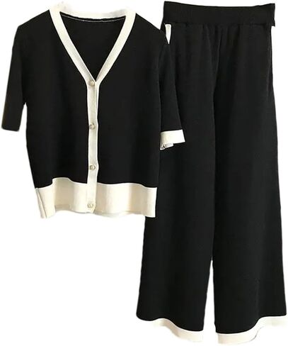 Women Plus Size Two Piece Set Knitting V-Neck Cardigan Half Sleeve Sweater+High Waist Wide Leg Pants Outifits in Kuwait