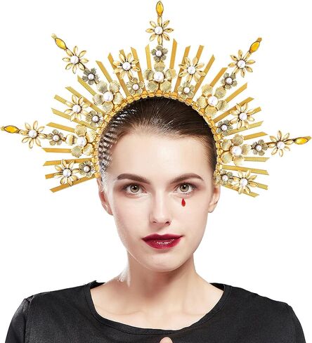 Fantherin Mary Halo Crown Headband Spiked Zip Tie Halo Crown Sunburst Goddess Headpiece with Crystal Style-4-Gold in Kuwait