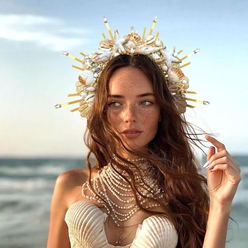 JeVenis Mermaid Crown Headband Seashell Crown Siren Costume Women Gold Halo Headpiece for Mermaid Sirens Goddess Cosplay Renaissance in Saudi Arabia