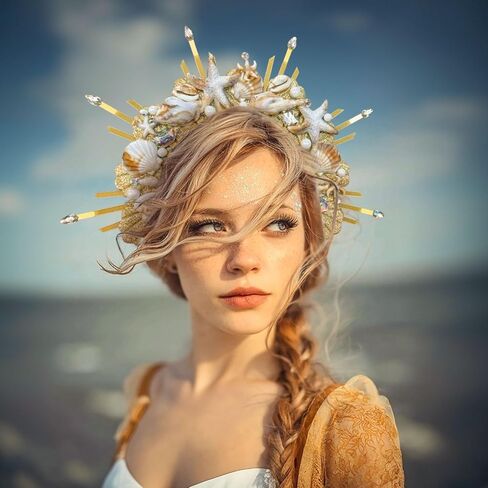 JeVenis Mermaid Crown Headband Seashell Crown Siren Costume Women Gold Halo Headpiece for Mermaid Sirens Goddess Cosplay Renaissance in Saudi Arabia