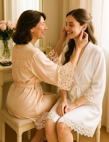 Eplaza 2 PCS Bride Robe لأم العريس مع رداء الساتان من الدانتيل ليوم الزفاف الاستعداد للاستحمام in Kuwait