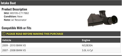 Intake Boot - Compatible with 2007-2010 BMW X5 3.0L 6-Cylinder in Saudi Arabia