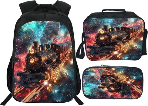 Outer Space Train Backpack Galaxy Steam Engine Kids Schoolbag with Lunch Box Bag Pencil Bag 3pcs Bookbag Sets for Boys Girls in Kuwait