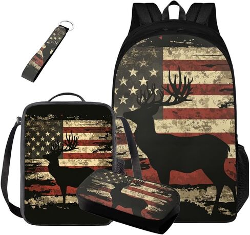 GiftPuzz American Flag Wolf Backwickains for Kids Cool School Bag Kids Boys 4-5 Camo Bookbag Lightweight for Boys 4pcs مع حقيبة قلم رصاص الغداء وسلسلة المفاتيح الطويلة in Kuwait