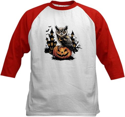 Cafepress Spooky Owl on Pumpkin Halloween Design Kids Baseball T Shirt Kids Cotton Baseball Jersey ، 3/4 Raglan Sleeve Shirt in Saudi Arabia