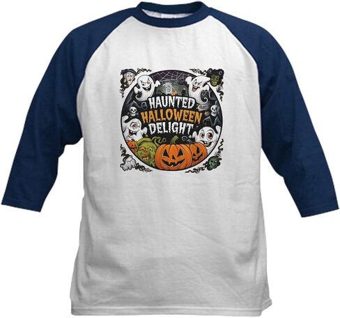 Cafepress مسكون هالوين البهجة - التصميم الليلي العصبي للأطفال لعبة البيسبول تي شيرت أطفال القطن ، 3/4 قميص الأكمام راجلان in Kuwait