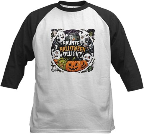 Cafepress مسكون هالوين البهجة - التصميم الليلي العصبي للأطفال لعبة البيسبول تي شيرت أطفال القطن ، 3/4 قميص الأكمام راجلان in Kuwait